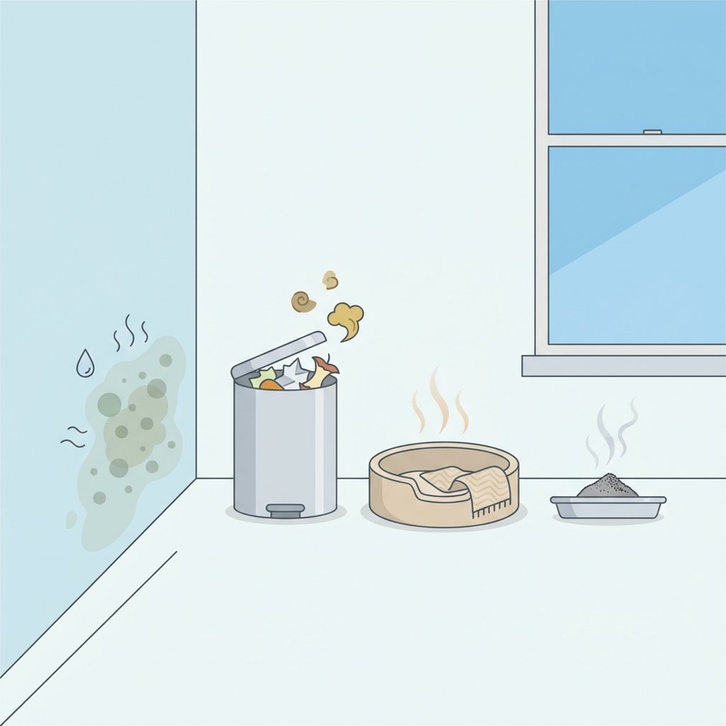 A clean, minimalist flat illustration depicting various common sources of unpleasant odors within a simplified home interior. On one side, a subtle patch of mold on a wall in a damp corner. In the center, an overflowing, slightly open kitchen trash can and a small, used pet bed. Near a stylized window, a subtle hint of cigarette ash in a small tray. The overall aesthetic should be modern, clean lines, and easily understandable, focusing on the identifiable sources of odors in a clear, non-offensive manner.
