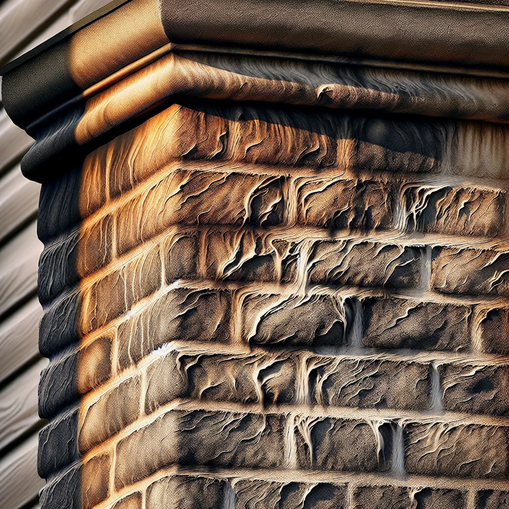 A close-up of a weathered brick chimney on the side of an older house, clearly showing dark, streaky soot stains and subtle yellowish water marks. The sunlight highlights the texture of the bricks and the visible dirt, conveying a common household cleaning challenge. Realistic photo, detailed, natural lighting.