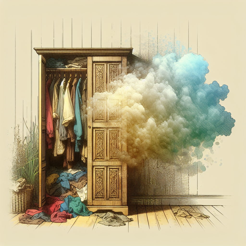 A slightly open wooden wardrobe or closet, with a visible, stylized cloud of unpleasant, musty odor subtly emanating from within. Disheveled clothes are visible inside. The scene evokes a sense of oldness and a bad smell. Realistic photography, slightly dim lighting.