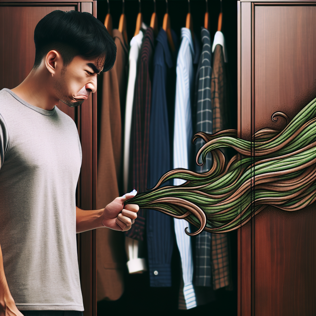 A person recoiling with a subtle look of disgust as they open a dark wooden wardrobe, from which a faint, stylized, unpleasant odor (perhaps represented by wavy green lines or a subtle brownish haze) is visibly escaping. The clothes inside look a bit neglected or dull. Realistic, blog header style.