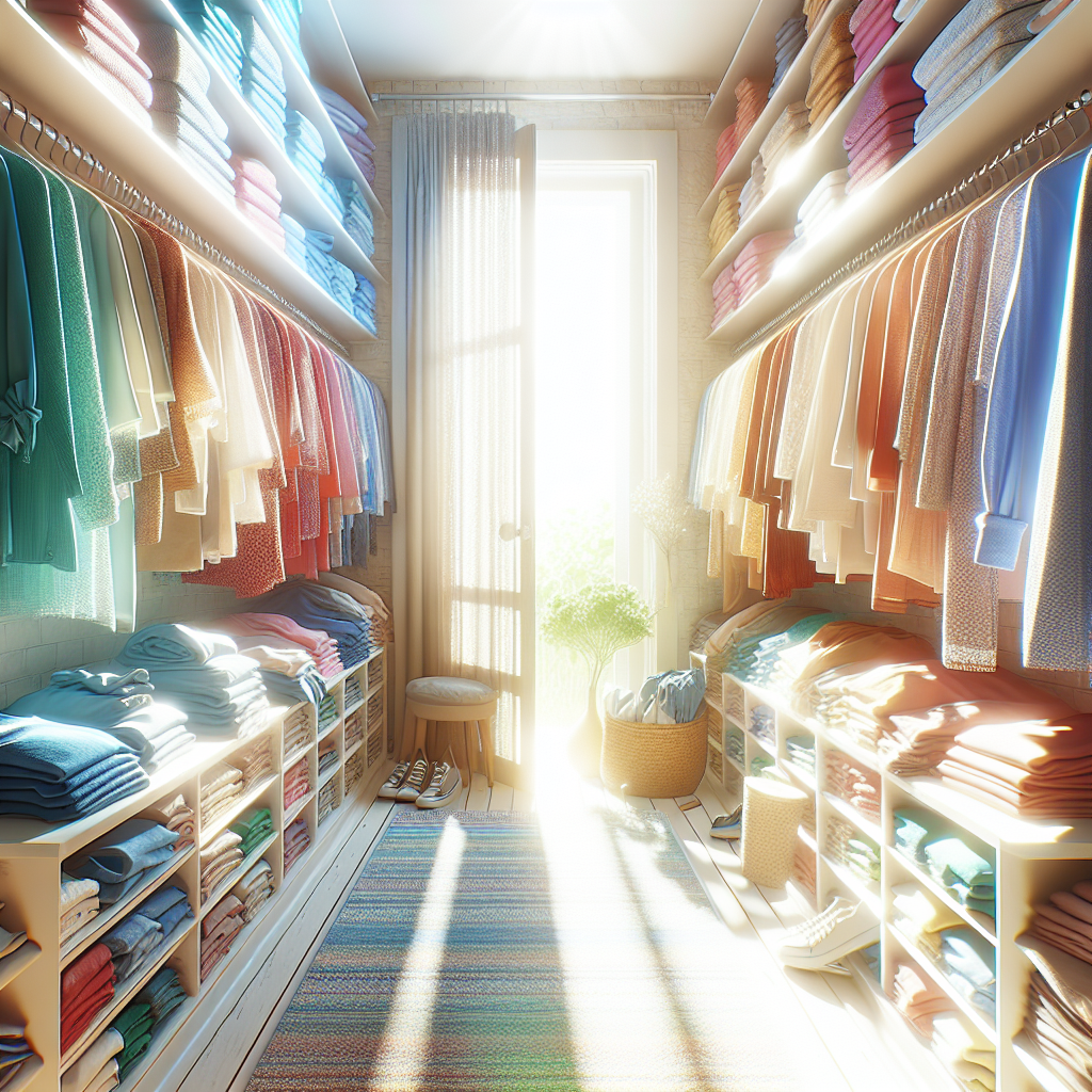 An immaculately clean and organized open wardrobe filled with neatly folded and hung fresh, brightly colored clothes. Sunlight streams into the wardrobe, highlighting a subtle shimmer of freshness or a faint, pleasant floral mist. The atmosphere is bright, airy, and inviting. Realistic, highly detailed, blog header style.