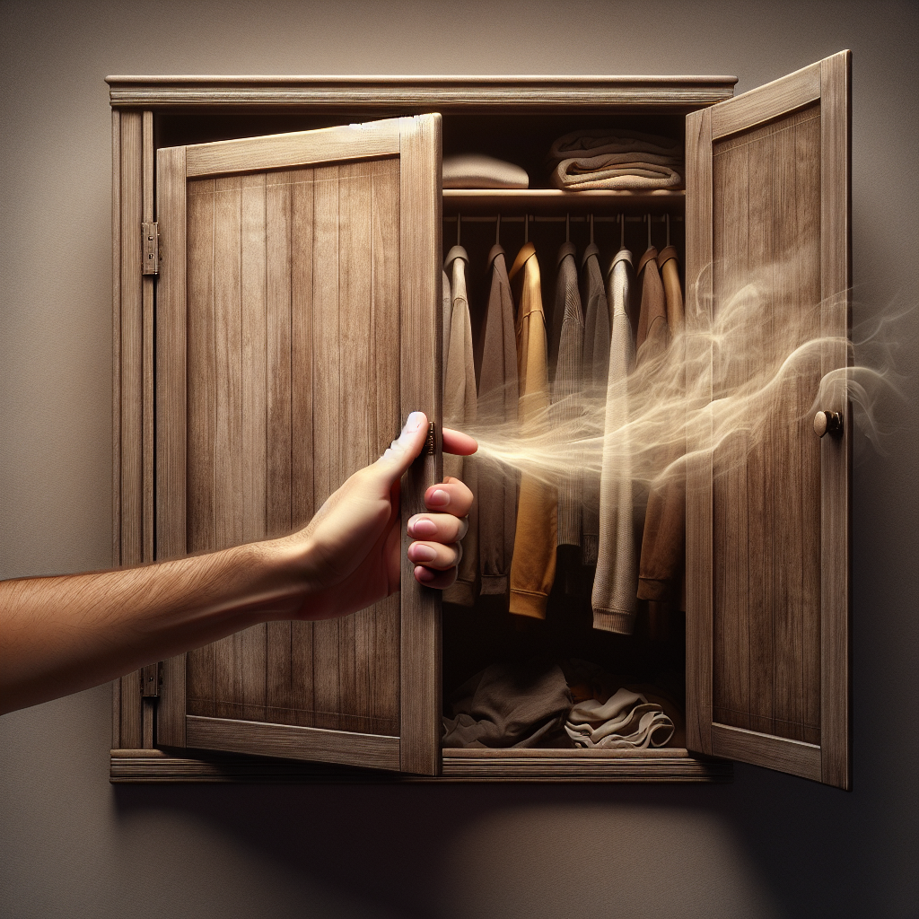 A slightly aged wooden wardrobe with its door ajar, a faint, visible wisp of unpleasant, musty odor subtly emanating from inside. A hand is gently pulling the door open further, revealing a dimly lit interior with clothes. Realistic, clean photograph, neutral background.