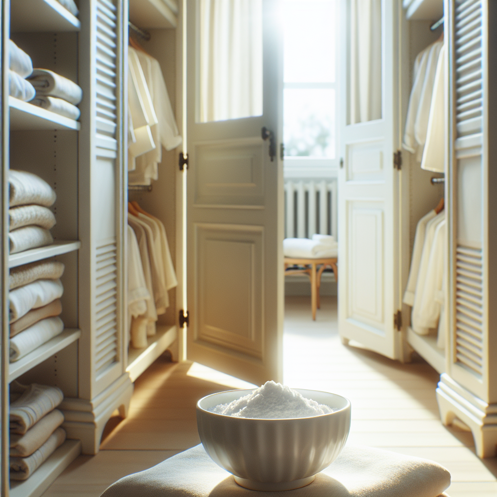The interior of a clean, bright wardrobe with its doors wide open, filled with natural sunlight. On one of the shelves, a small, elegant ceramic bowl contains white baking soda, representing a natural deodorizer. The clothes inside look neat and fresh. A sense of airiness and cleanliness. Realistic photograph, soft focus.