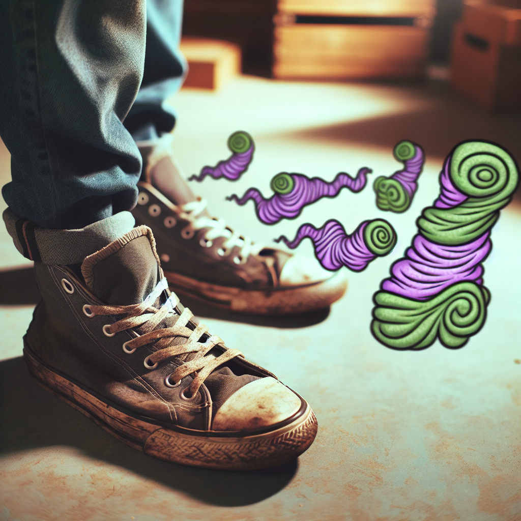 A close-up of a pair of well-worn, slightly damp sneakers placed on a floor. Visible, cartoon-like wavy lines of unpleasant, greenish-purple odor are clearly emanating from the shoes. In the blurred background, a person subtly recoils or pinches their nose, looking displeased. The lighting is slightly dim, emphasizing the problem. Realistic photography style.