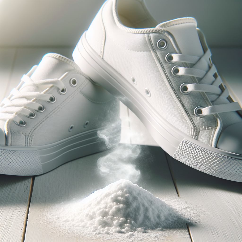 A pair of clean, fresh-looking white sneakers standing upright on a light wooden surface. Inside each shoe, a small, neat pile of white powder (baking soda or natron) is visible, with a subtle, gentle puff of clean, fresh air rising above them, symbolizing odor absorption and cleanliness. The scene is bright, airy, and inviting. Studio photography, clean aesthetic.