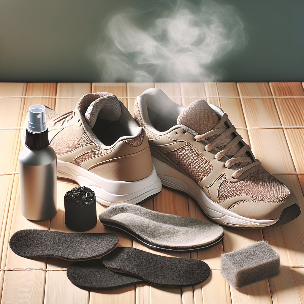 A pair of slightly worn sports shoes, with a faint, symbolic cloud of unpleasant odor subtly emanating from them. Next to the shoes are various generic but clearly identifiable foot care products: a shoe deodorant spray bottle, a pair of activated charcoal insoles, and a small fabric odor absorber pouch. The setting is a clean, bright home environment, perhaps on a wooden floor or a simple mat. The overall atmosphere is practical and helpful, suggesting a problem being addressed. Realistic photo style.
