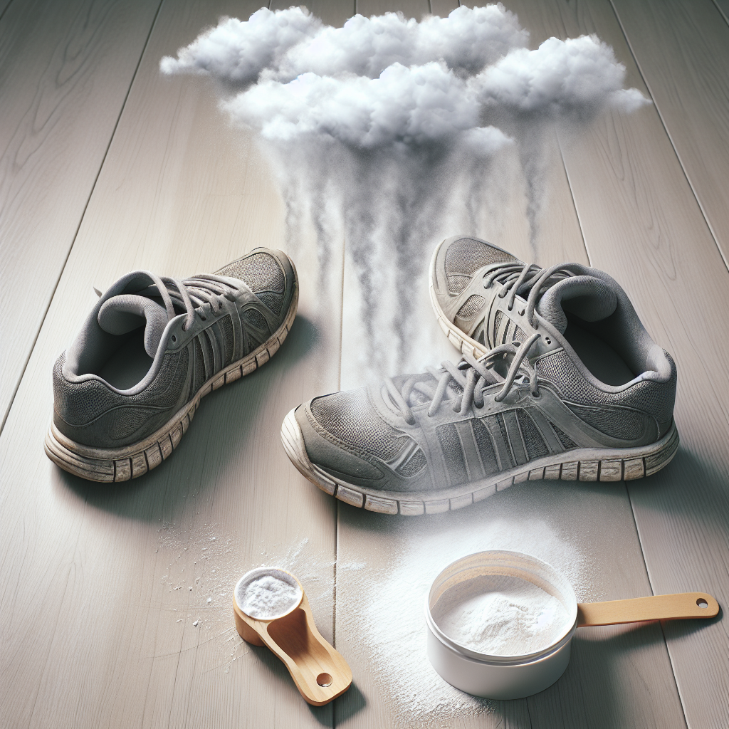 A pair of slightly worn, athletic shoes on a light wooden floor, with subtle, wispy grey clouds emanating from them, representing odor. Next to the shoes, a small, open bag or container of white baking soda powder with a measuring spoon. The scene is clean and well-lit, suggesting a simple home remedy. Realistic photograph, natural light.