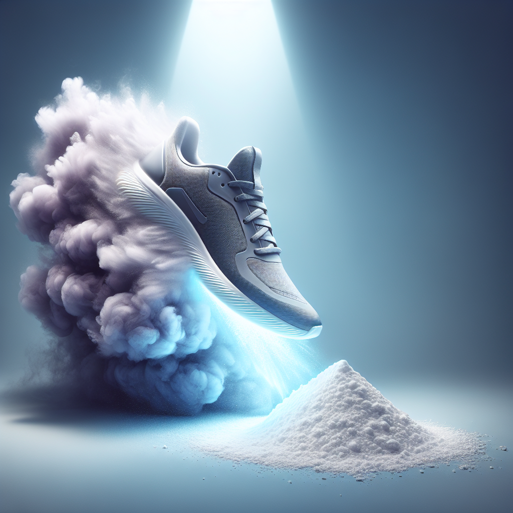 A pair of modern athletic sneakers, one shoe enveloped in a dissipating cloud of unpleasant, purple-grey odor, while the other shoe radiates subtle, fresh, light blue freshness rays. A small, elegant pile of white baking soda is visible next to the fresh shoe. Studio lighting, hyperrealistic, clean background.