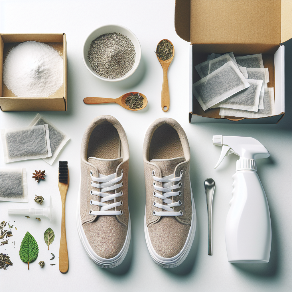 A flat lay composition on a light, clean background, featuring a pair of stylish, fresh-looking sneakers. Neatly arranged around the sneakers are common household items for odor removal: an open box of baking soda with a spoon, several dried tea bags, and a sleek, generic spray bottle. Bright, airy, high-key photography style, minimalist.