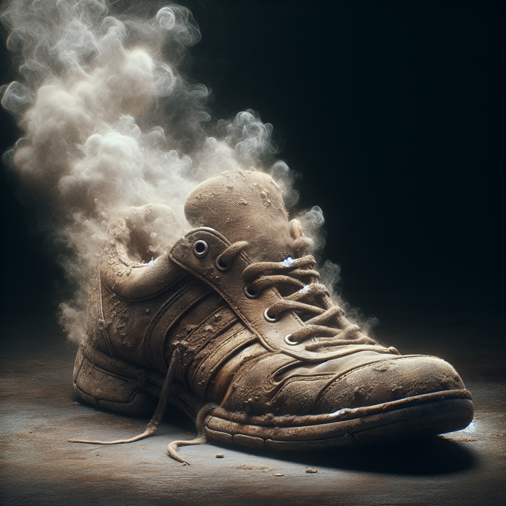 A close-up of an old, worn shoe emitting a visible cloud of unpleasant, musty odor, with subtle hints of dampness and potential mold inside. The background is slightly dark and atmospheric, emphasizing the problem. Photo realistic, high detail.