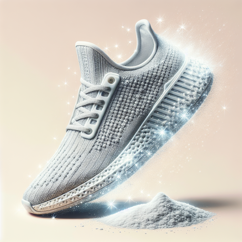 A fresh, sparkling clean sneaker, meticulously dried, with subtle elements of baking soda powder or a fresh, clean aura around it, symbolizing odor removal and renewed freshness. The background is bright, clean, and minimalist. Photo realistic, high detail.