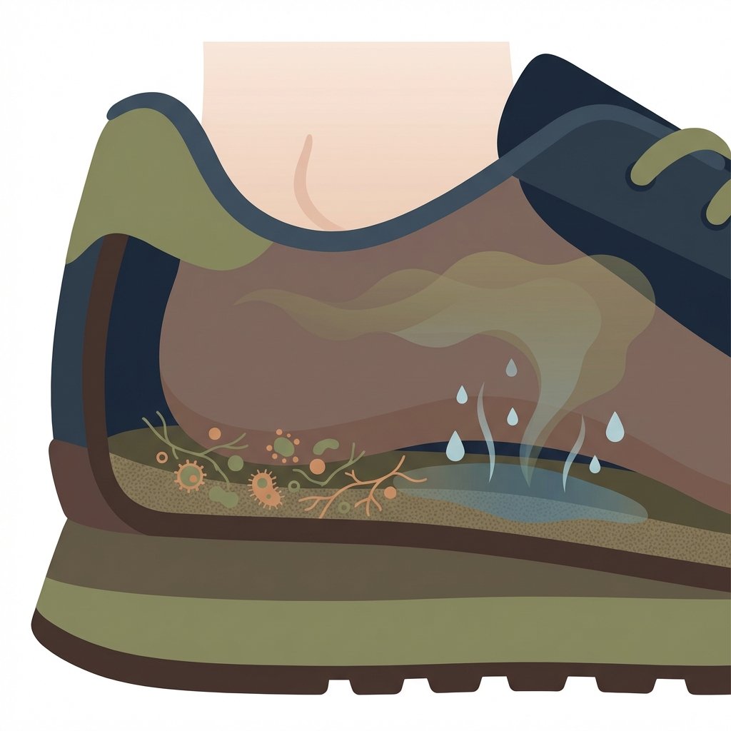 A detailed flat illustration depicting a cross-section of a shoe, focusing on the insole and foot area. The internal environment of the shoe appears slightly damp and dark. Tiny, abstract representations of bacteria (small circular or amoeba-like shapes) and fungi (thin, branching filaments) are visibly proliferating on the surface of the insole. Subtle vapor or sweat droplets emanate from the foot's underside onto the insole, creating a visible moisture layer. A faint, wavy, brownish-green cloud subtly rises from the insole, symbolizing unpleasant odor, without being overly aggressive. The overall style should be clean, informative, and visually explain the source of the smell.