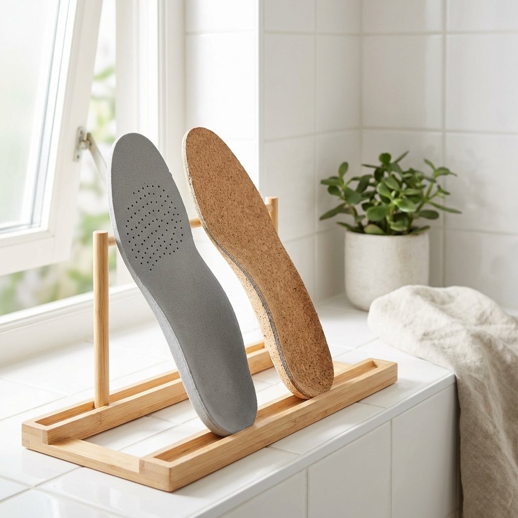 A professional product photograph of two fresh, clean shoe insoles airing out on a minimalist drying rack or a well-ventilated surface. The insoles are positioned to allow maximum airflow, perhaps slightly elevated or leaning against each other. The background is a brightly lit, clean environment, such as near an open window or in a minimalist bathroom. Soft, natural light illuminates the scene, highlighting the textures of the insoles. The image should convey a sense of freshness, cleanliness, and the importance of proper ventilation and drying after use.