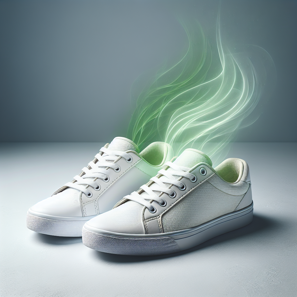 A vibrant, clean pair of white sneakers on a minimalist background. One shoe has subtle, slightly green-tinged vapor or lines rising from it, indicating a bad smell. The other shoe has a bright, fresh, almost sparkling aura, symbolizing cleanliness and good smell. The image conveys relief and freshness. Realistic photography style, bright studio lighting, high detail.