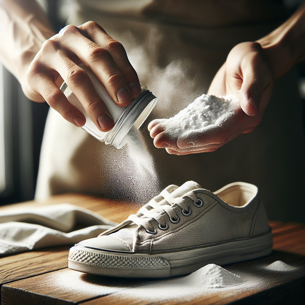 Close-up shot of a person's hands carefully pouring white baking soda powder into the interior of a casual canvas shoe. The shoe is light-colored and sitting on a clean wooden table. The focus is on the action and the powder. Soft, diffused natural light from a window. High-detail, realistic photography style.