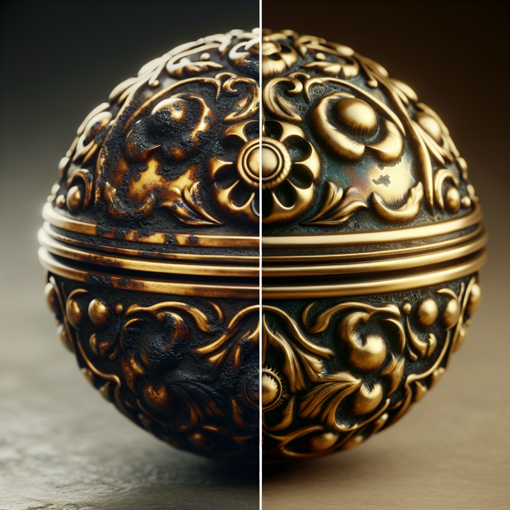 A close-up shot of a vintage brass decorative item, such as a small antique box or a part of a lamp. One half of the item is distinctly covered in dark, black tarnish and spots, while the other half is brilliantly polished and gleaming, reflecting light. The image emphasizes the stark before-and-after contrast, with warm, soft lighting and a slightly blurred background.