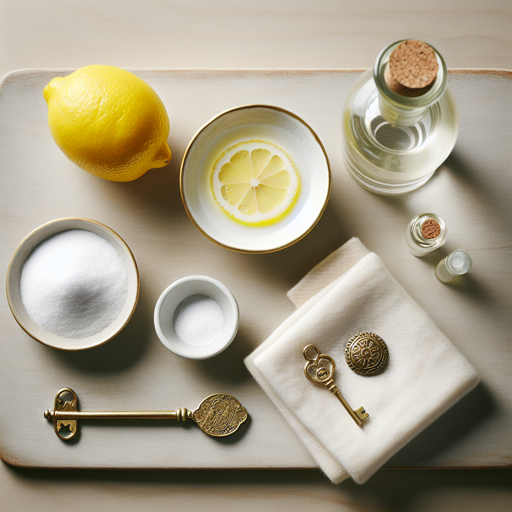 A flat lay composition on a clean, light-colored wooden surface, showcasing common household cleaning ingredients for brass: a sliced lemon, a small bowl of baking soda, a bottle of white vinegar, a soft microfiber cloth, and a small, shiny brass key or trinket. The arrangement is neat and inviting, bathed in natural light, suggesting effective and gentle cleaning methods.