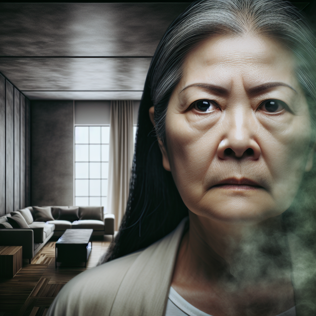 A person in a modern apartment, subtly wrinkling their nose with a concerned expression, as a faint, earthy, and musty greenish-brown haze subtly emanates from a hidden area, symbolizing an unpleasant, persistent odor. The setting should evoke a sense of an unnoticed problem, realistic photo, indoor light.