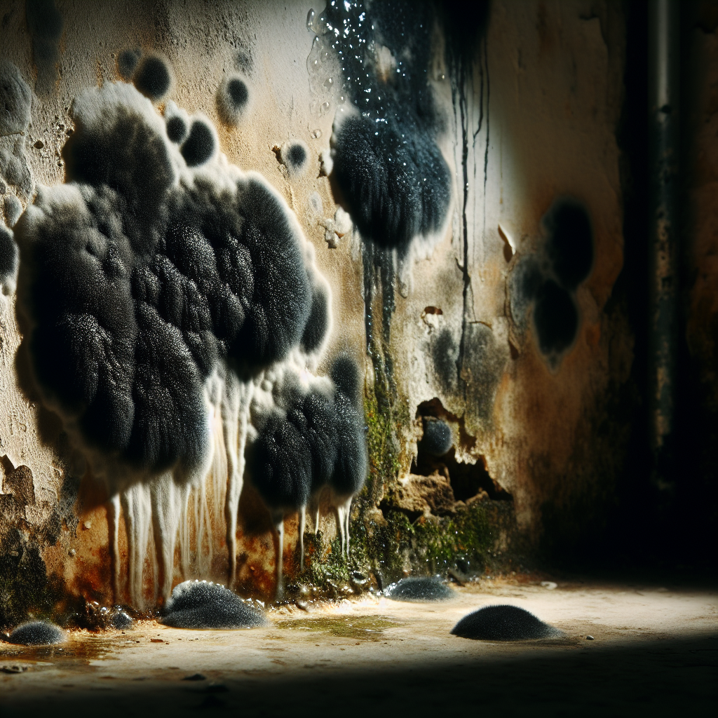 Close-up of a dark, textured patch of black mold growing on a damp, peeling wall in a dimly lit, neglected corner of a room. Water droplets and condensation are visible on the surface, emphasizing the moisture that fuels its growth. The mold has an unhealthy, slightly menacing appearance, realistic photo.