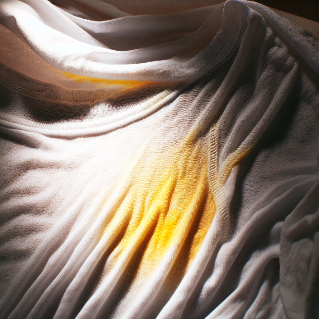 A close-up photograph of a white cotton t-shirt with prominent, unsightly yellow sweat stains clearly visible under the armpit area. The fabric is slightly crinkled, conveying a sense of frustration with stubborn stains. Soft, natural lighting highlights the discolored fabric.