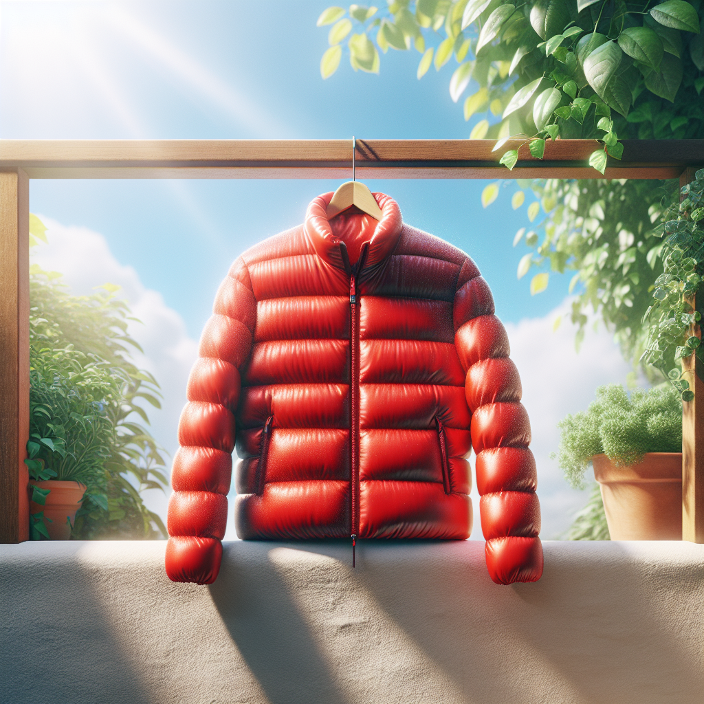 A puffy, vibrant red down jacket is hanging neatly on a sturdy wooden hanger on a sun-drenched balcony railing. A gentle breeze subtly ruffles the fabric. In the background, there's a clear, bright blue sky and lush green plants, emphasizing fresh air and natural deodorization. The jacket looks clean and refreshed, without any sign of washing. High-key lighting, inviting and clean aesthetic.