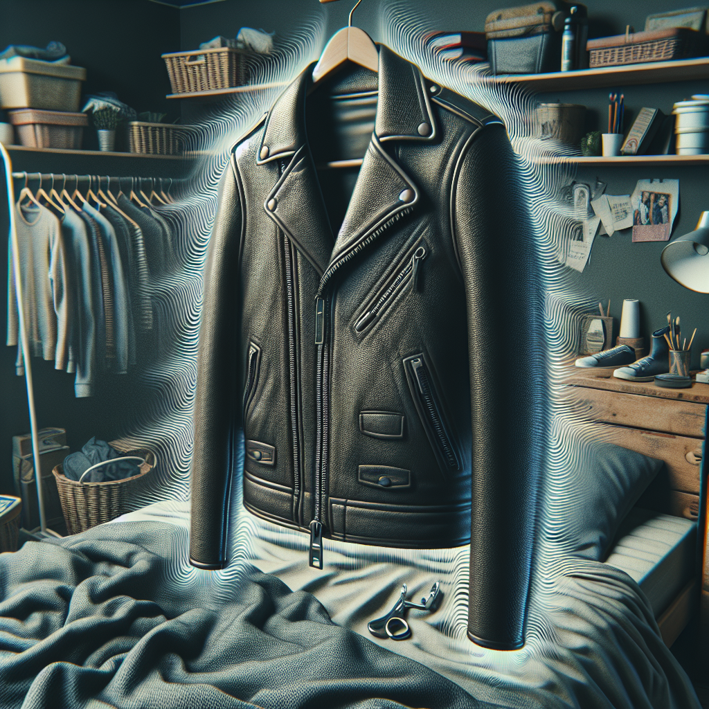 A close-up of a stylish jacket (e.g., a leather jacket or a winter parka) hanging on a hanger in a dimly lit, slightly cluttered bedroom, with a subtle visual representation of an unpleasant odor emanating from it, like faint wavy lines. The overall mood is one of mild frustration, emphasizing the need to quickly refresh it before heading out. Realistic photography style.
