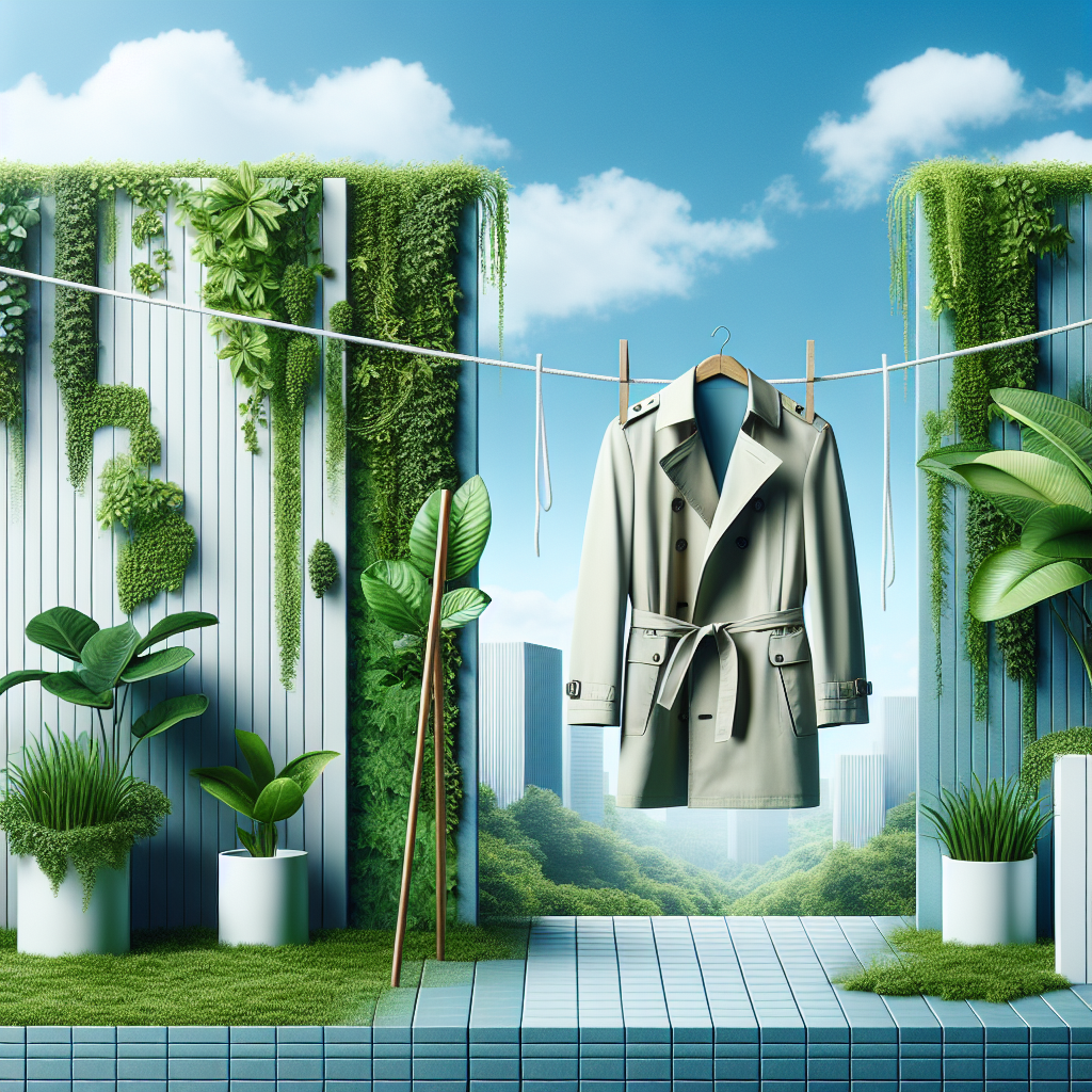 A beautiful, clean-looking jacket (e.g., a light trench coat or a casual blazer) hanging on a clothesline outdoors on a sunny day, gently swaying in a light breeze. Lush green foliage or a clear blue sky is visible in the background, conveying a strong sense of freshness, natural air purification, and renewal. Bright, natural light, high-quality photography.