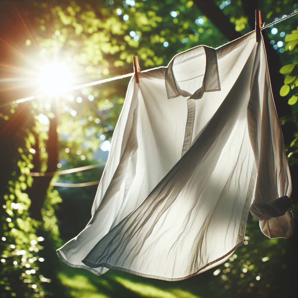 A clean, white cotton shirt gently blowing on a clothesline outdoors under warm sunlight, with a soft blur of green trees in the background. The image should evoke a sense of natural freshness, airiness, and effortless revitalization, representing how to air out clothes to remove odors without washing.