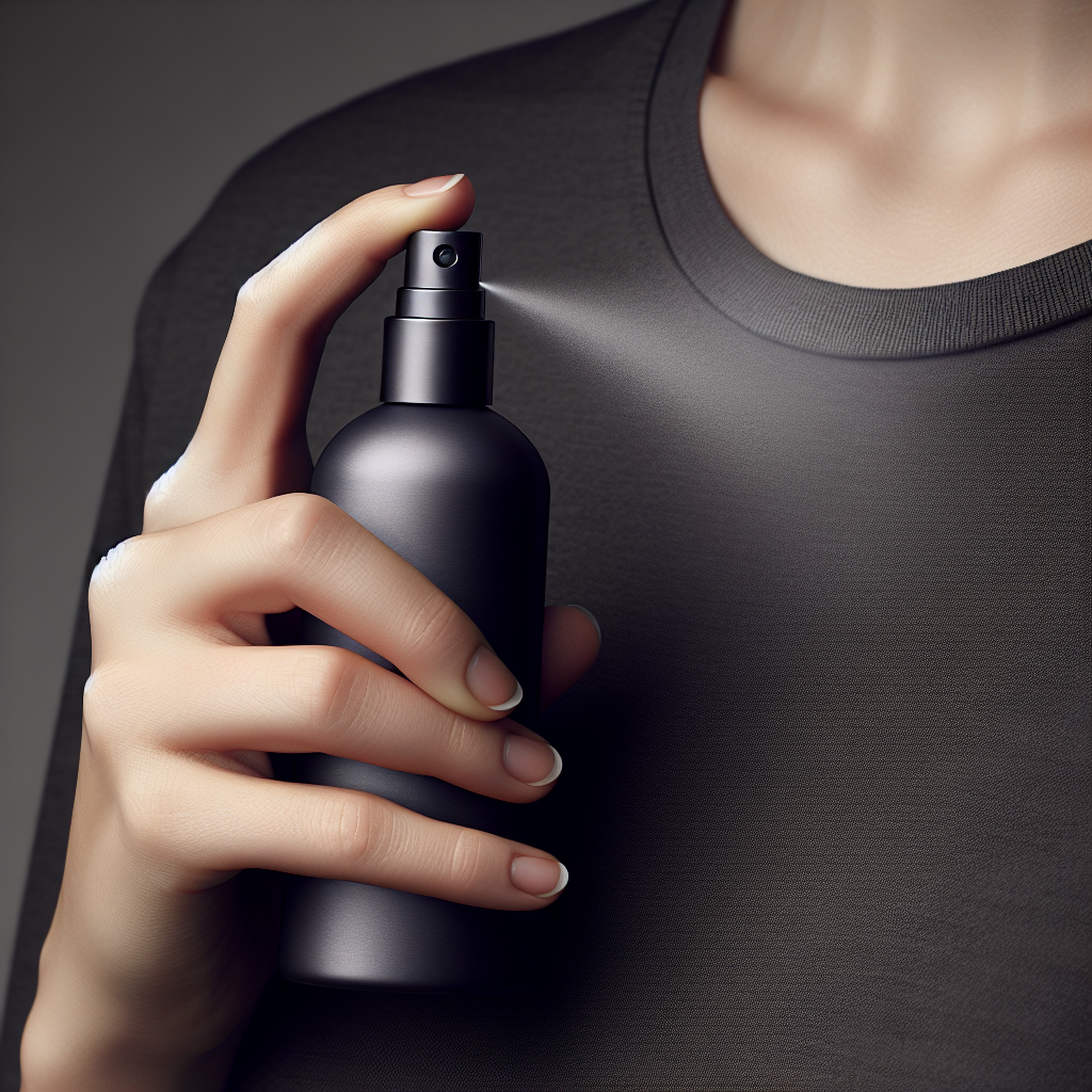 A close-up shot of a hand holding a sleek, minimalist spray bottle, misting a fine, invisible spray onto a dark, slightly wrinkled t-shirt or blouse. The bottle could have a simple, elegant label like 'Fresh Fabric Spray' or 'DIY Refresh.' The image should convey a quick, effective, and modern solution for removing odors from clothes without needing a washing machine, highlighting convenience.