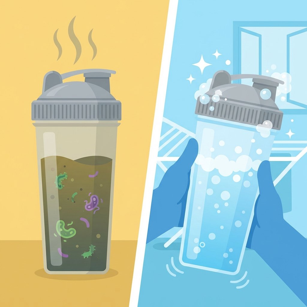 A split-scene flat illustration depicting the problem of a smelly shaker and its immediate solution. On one side, a translucent shaker contains dark, murky liquid remnants, with abstract, small green and purple bacteria-like shapes swirling around, emanating subtle grey wavy lines to signify odor. On the other side, the same shaker is clean and sparkling, filled with bubbly soapy water being vigorously shaken, or perhaps in a drying rack with its lid open, sparkling clean and fresh. The overall palette should be bright and clean, contrasting the 'dirty' side with the 'clean' side.