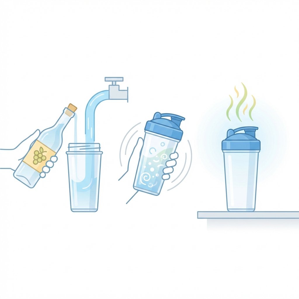A clean, minimalist infographic-style illustration demonstrating the vinegar method for odor removal. The image progresses sequentially: first, a hand pouring clear liquid from a stylized vinegar bottle into an empty plastic shaker, alongside a stream of water from a tap also filling the shaker. Next, the shaker is shown sealed, with abstract bubbles inside, indicating mixing. Finally, the shaker rests on a surface, appearing clean and refreshed, with gentle, upward-moving wavy lines suggesting freshness. The style should be modern and professional, using a bright, limited color palette.