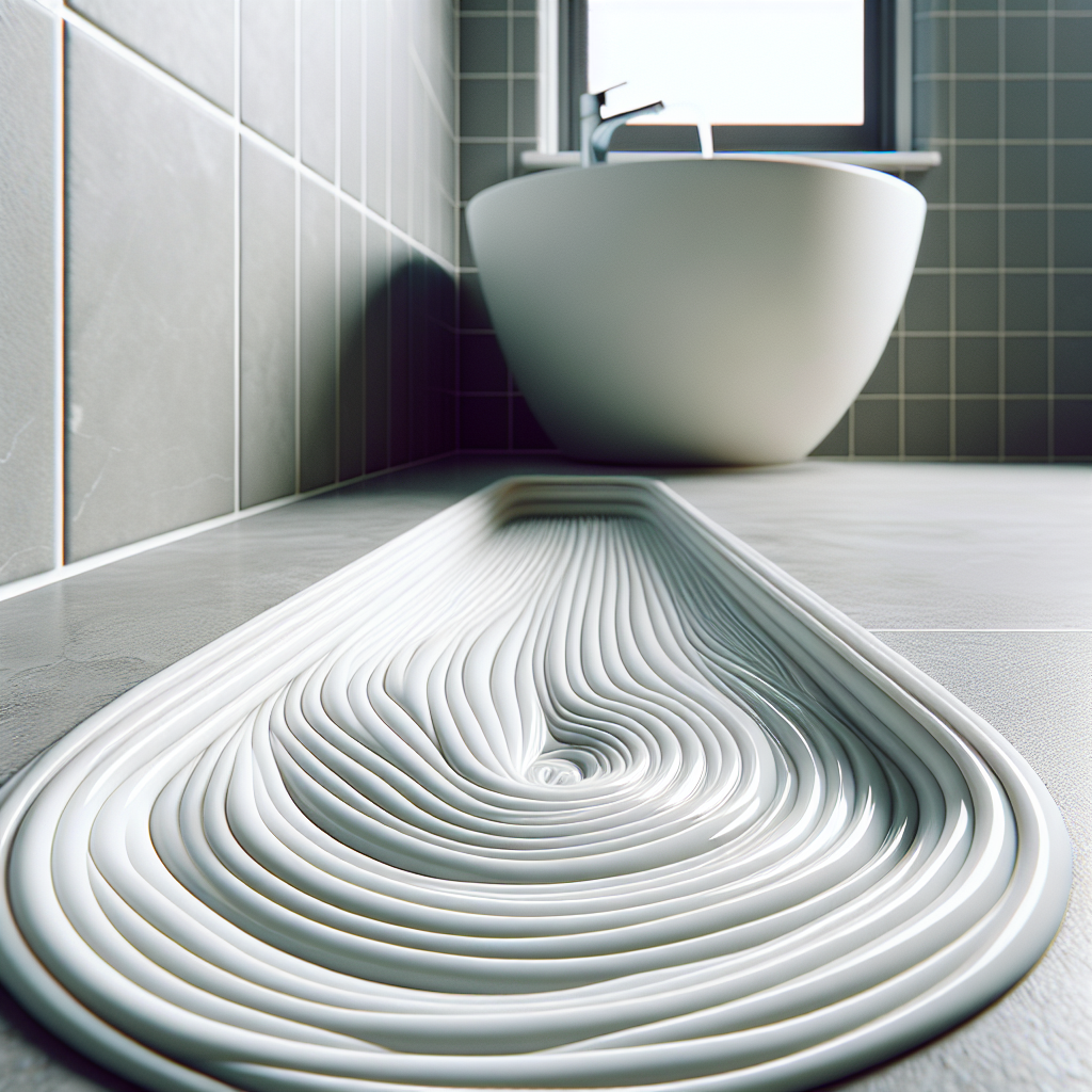 A close-up shot in a modern, clean bathroom, focusing on a newly applied, pristine white silicone joint around a sink or shower base. Subtle, translucent wavy lines or a faint greenish haze emanates from the joint, symbolizing a lingering, unpleasant chemical odor, contrasting with the otherwise spotless environment. Photorealistic, slightly unsettling atmosphere.