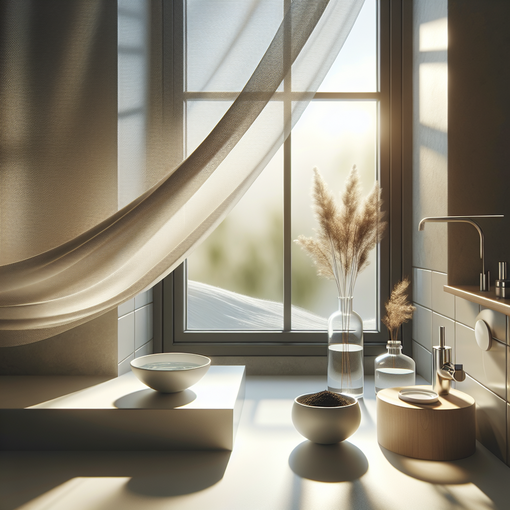 A bright, airy bathroom scene with an open window, sunlight streaming in and a sheer curtain gently swaying. On a sleek counter or shelf, there are two small, simple bowls: one filled with fresh, dark coffee grounds and another with clear liquid (vinegar water), representing natural odor absorbers. The overall atmosphere is fresh, clean, and inviting, conveying a sense of effective odor removal. Photorealistic, clean aesthetic.