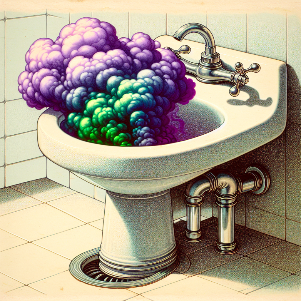 A stylized, slightly cartoonish image depicting a visible, foul-smelling green and purple cloud rising from a bathroom sink drain. Below the sink, the U-shaped siphon pipe is clearly visible. The overall scene shows a contrast between a clean bathroom environment and the unpleasant odor problem. Detailed, realistic rendering with an artistic touch.