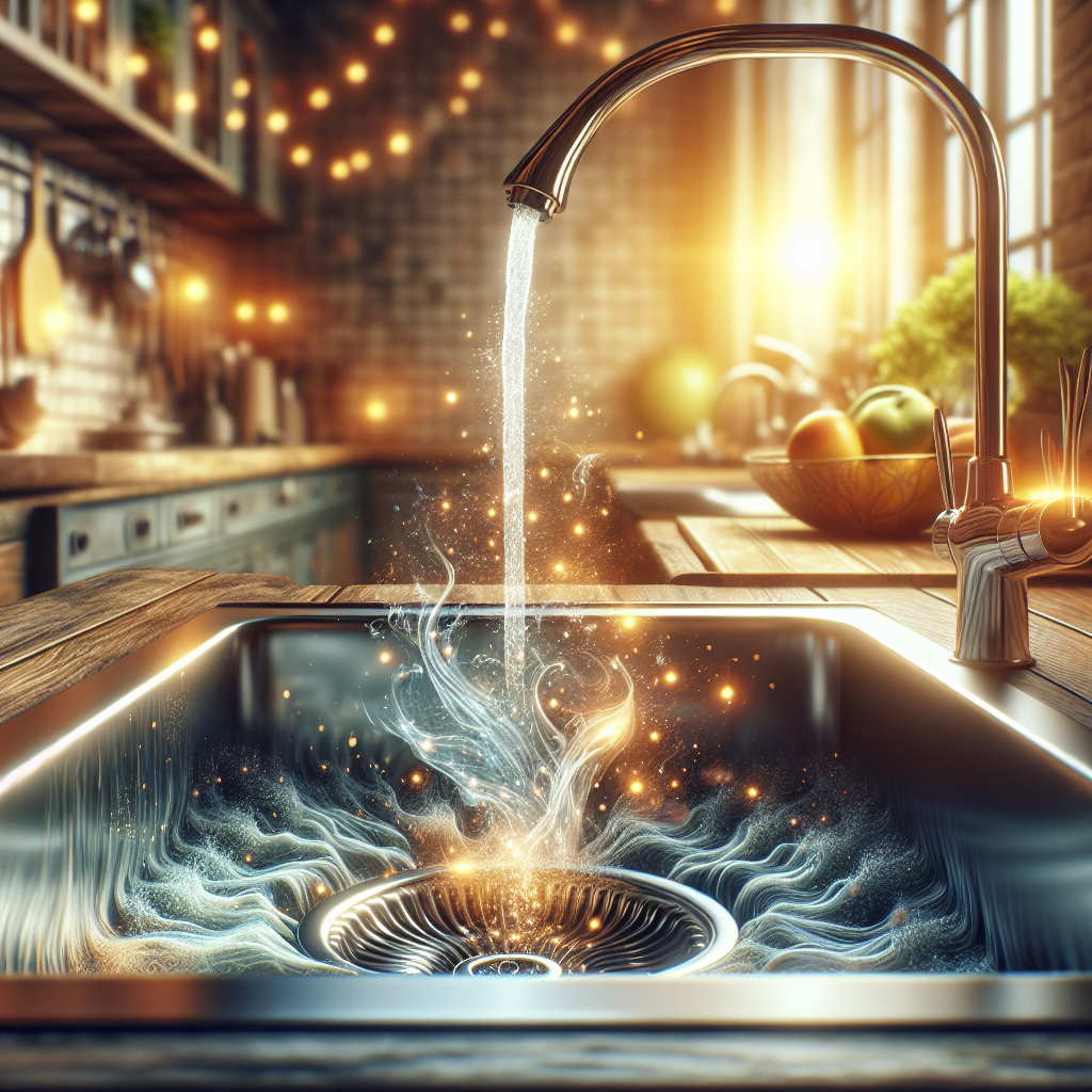 A serene and sparkling clean kitchen sink, with a gentle stream of fresh water pouring into the drain. Ethereal, shimmering light particles or subtle 'freshness' auras are gracefully rising from the drain, symbolizing a clean and pleasant aroma. The background features a modern, sunlit kitchen. Emphasize freshness, cleanliness, and a sense of calm. Realistic, high-definition.