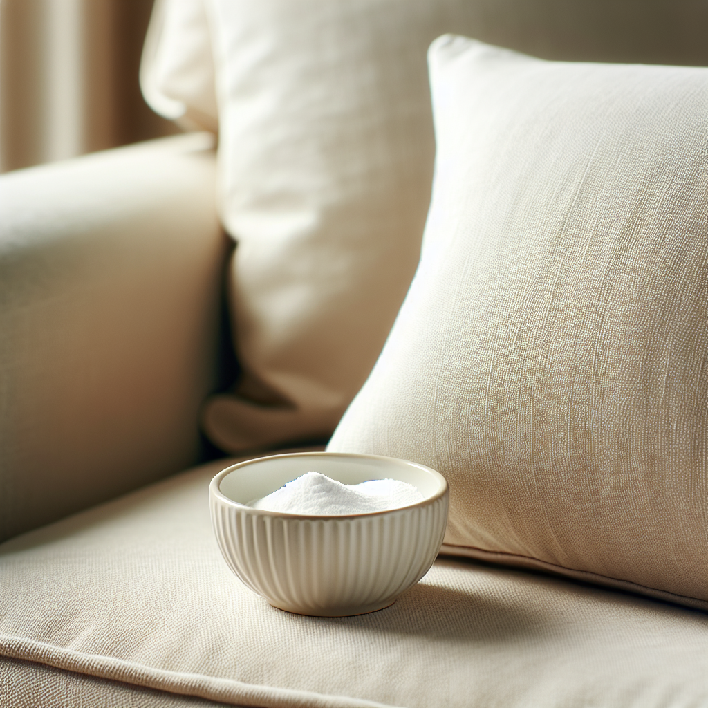 A close-up, bright, and inviting image of a pristine, freshly cleaned fabric sofa cushion. Next to the cushion, a small, elegant ceramic bowl holds a scoop of white baking soda, subtly hinting at its use for freshness. The scene emphasizes cleanliness, softness, and a natural, airy feel, with diffused, warm lighting.