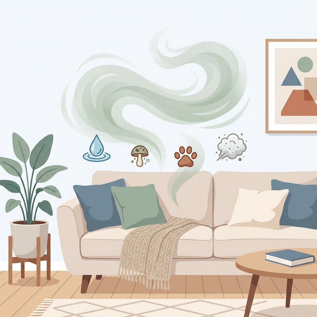 A detailed flat illustration depicting a cozy living room scene with a comfortable, upholstered sofa. Above the sofa, a subtle, swirling cloud of unpleasant, greenish-grey vapor emanates, representing the 'muffiger Geruch'. Around the base or subtly integrated into the vapor, small illustrative elements depict common causes: a water droplet, a tiny mushroom/mold spore, a paw print, and a dust cloud. The overall atmosphere should be clean and modern, highlighting the problem visually without being too dramatic. Use a soft color palette suitable for a blog.