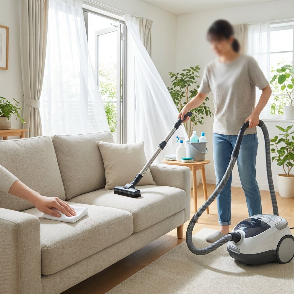 A professional photo style illustration of a brightly lit living room, focusing on the preparation steps for cleaning a sofa. The scene should clearly show three distinct actions: a person using a vacuum cleaner with an upholstery attachment on the sofa, a hand carefully dabbing a small, inconspicuous area of the sofa fabric with a white cloth (for testing), and an open window in the background with a curtain gently fluttering, indicating good ventilation. The image should convey cleanliness, proactivity, and readiness for a task.