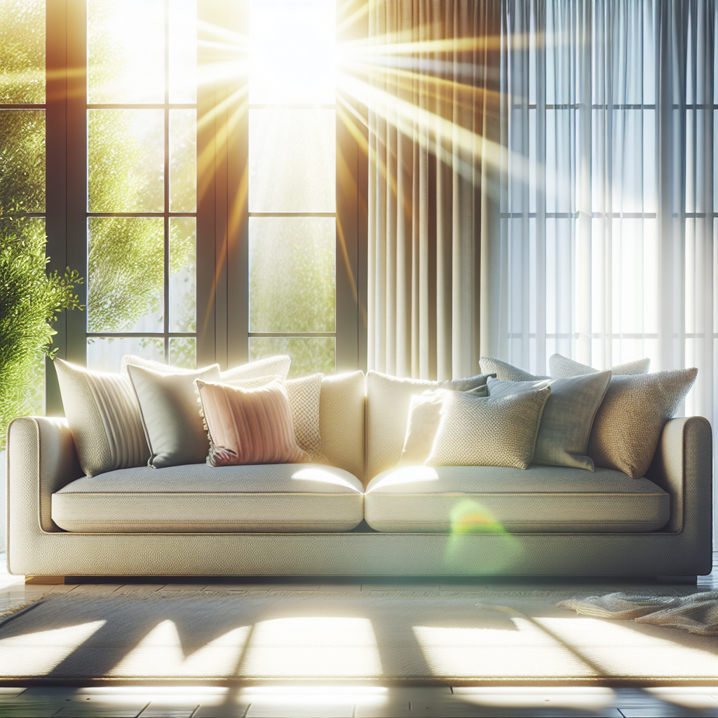 A bright, modern living room with a beautifully clean, plush fabric sofa as the centerpiece. Sunlight streams in, illuminating the pristine upholstery and making the room feel fresh and inviting. The sofa has a few decorative pillows and a soft, clean throw, conveying comfort and a renewed look.