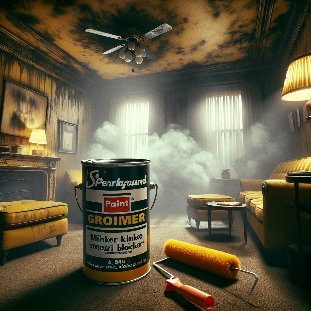 A dimly lit, old-fashioned living room with strong yellowish nicotine stains covering the walls and ceiling, looking uninviting and heavy with a visible smoky haze. A can of 'Sperrgrund' (paint primer) with a label suggesting odor blocking is placed prominently in the foreground, with a paint roller and brush resting nearby, symbolizing the upcoming solution. Gritty, realistic photo style.