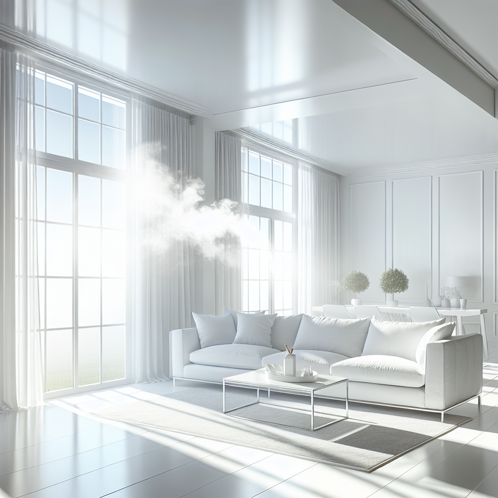 A bright, clean, and freshly painted modern living room with pristine white walls and large windows letting in abundant natural light, evoking a strong sense of freshness and new beginnings. There are no signs of any stains or odors, and the room feels airy and inviting, representing the successful and permanent elimination of nicotine smell. Clean, minimalist aesthetic, with a focus on brightness and purity.