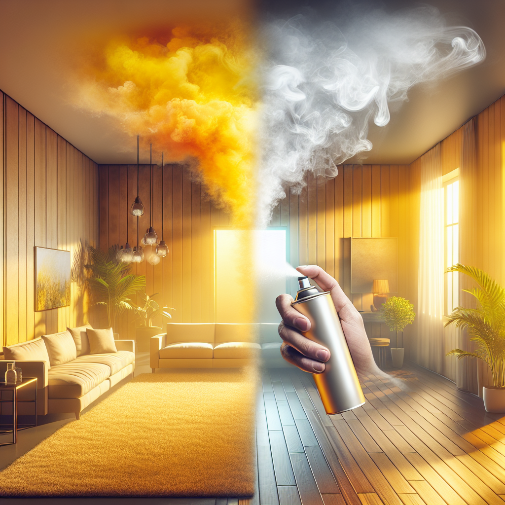 A bright, modern living room scene. One side of the image subtly shows a faint, yellowish haze representing stale nicotine smoke, while the other side is strikingly clear, fresh, and filled with natural light. In the foreground, a sleek, generic spray bottle is being held by a hand, aimed towards the transitioning area, symbolizing effective odor neutralization. Focus on cleanliness and transformation. High detail, realistic style.