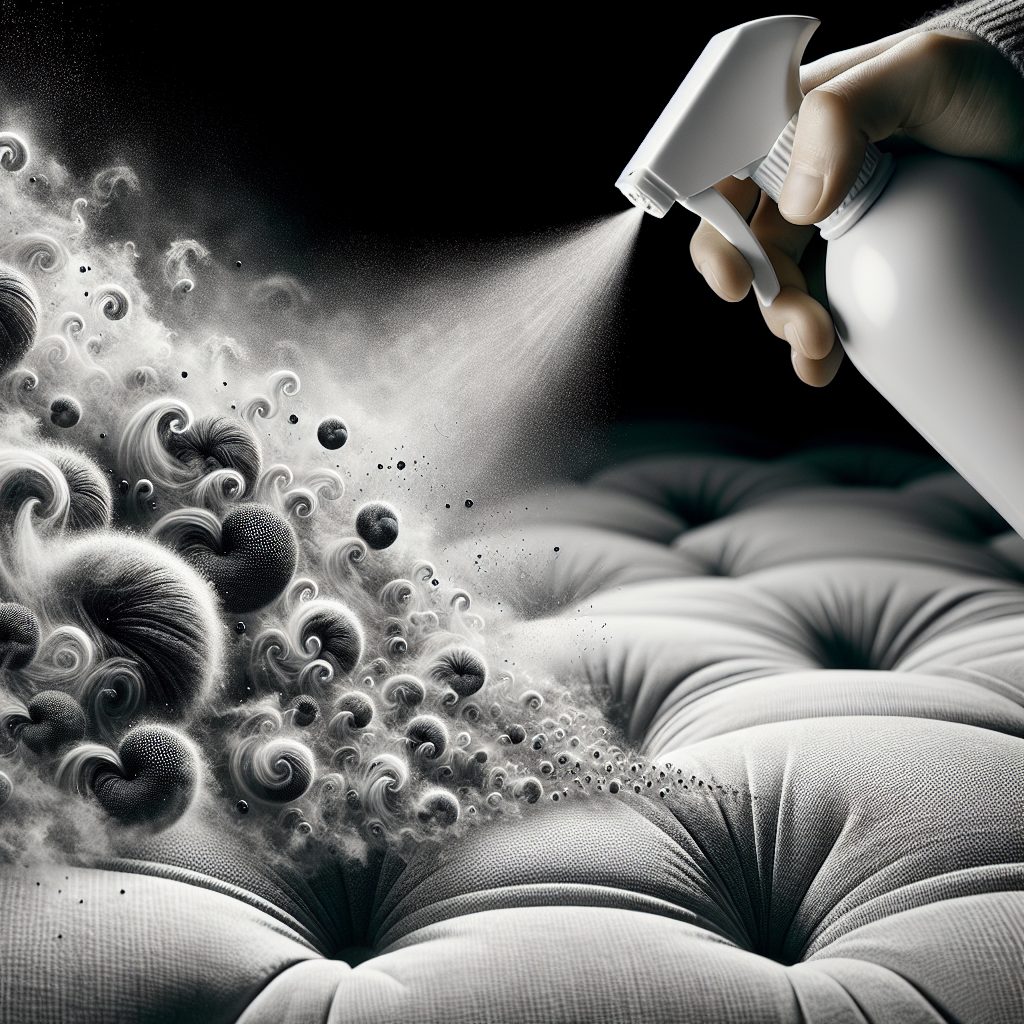Close-up shot of a spray bottle emitting a fine, almost invisible mist onto a plush fabric sofa. The mist seems to interact with tiny, abstract, dark smoke-like particles that are visibly dissipating and transforming into light, airy freshness upon contact. Emphasize the neutralisation of unpleasant odors. Soft, diffused lighting, realistic texture of the fabric.