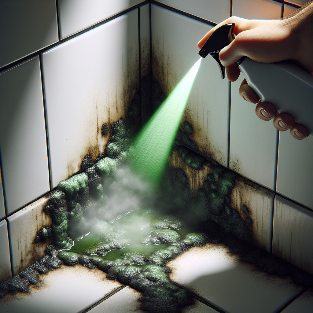 A close-up, photorealistic image of a corner in a bathroom. Patches of dark mold are visible on the grout between white tiles, and a subtle, dark green, unpleasant odor cloud is emanating from them. A human hand holding a sleek, modern spray bottle is pointing towards the mold. A bright, fresh, and clean mist is being sprayed, which instantly dissipates the odor cloud and brings a sense of purity to the air. Dramatic lighting highlights the contrast between the grime and the cleanliness.