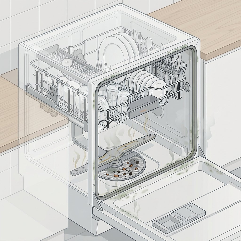 A detailed cutaway or isometric illustration of the interior of a modern dishwasher. Highlight key areas where odors originate: a partially visible filter at the bottom containing small, dark food particles; subtle green-grey mold spots on the rubber seal around the door; and faint greasy streaks on the lower spray arm. Wispy, light grey odor clouds subtly emanate from these problem areas, indicating the unpleasant smell. The overall style should be clean and informative, using a muted color palette with pops of contrasting colors for the dirt and odor.