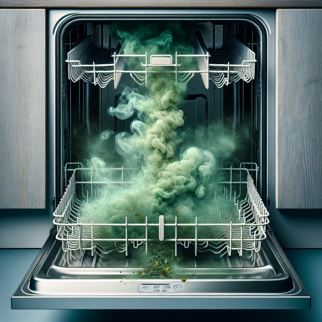 An open dishwasher door, with a subtle, unpleasant green or brownish mist visibly wafting out, symbolizing a bad odor. Inside, faint food residues are visible on the filter and along the bottom, hinting at the source of the smell. The scene should evoke a slightly unhygienic feeling, suitable for a blog post about eliminating odors.
