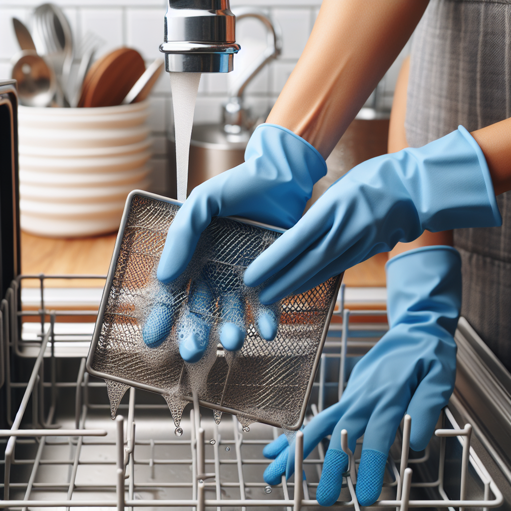 Close-up of hands wearing blue cleaning gloves, meticulously cleaning the mesh filter of a dishwasher under running water in a kitchen sink. The filter should appear dirty with food particles, and the hands are actively scrubbing or rinsing it clean. The background is a blurred, clean kitchen environment, emphasizing the act of problem-solving and hygiene.