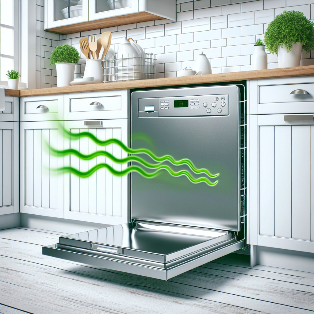 A modern, stainless steel dishwasher in a bright, clean kitchen, with its door slightly ajar. From the interior, faint, cartoon-like wavy green lines emanate, visually representing a bad odor. The scene should look clean and sterile otherwise, emphasizing the contrast. Realistic photo, blog article style.