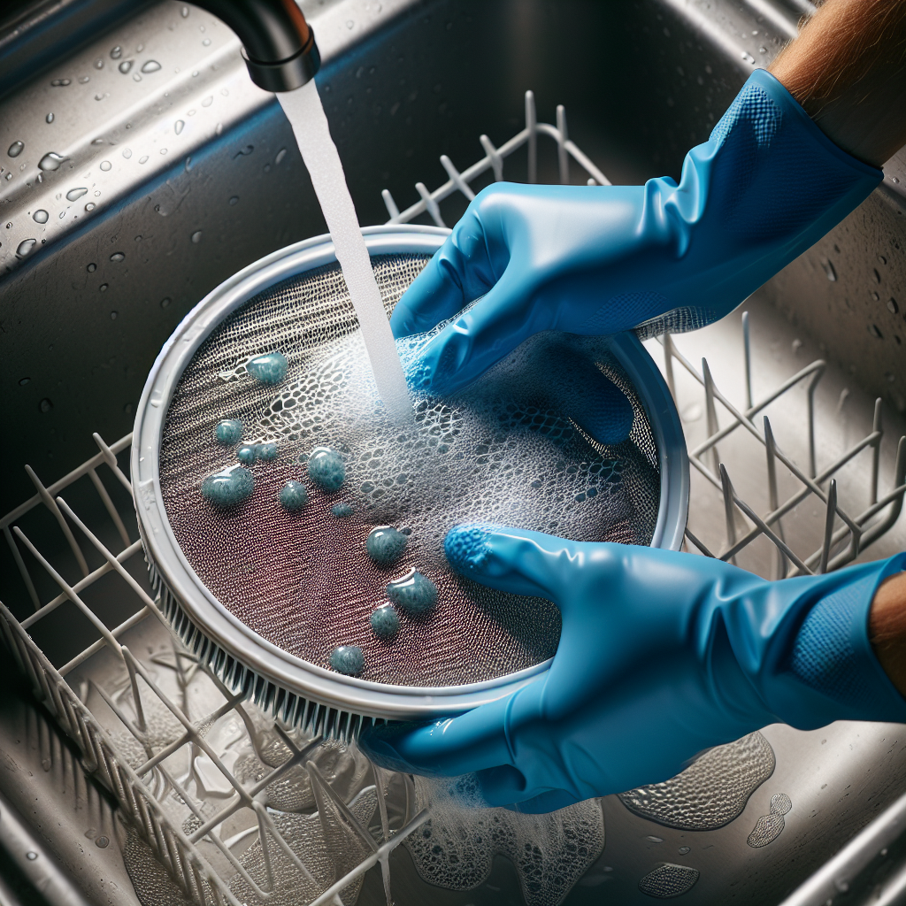 Close-up, top-down view of hands wearing blue rubber gloves, carefully scrubbing a round, mesh dishwasher filter under a gentle stream of running water in a stainless steel kitchen sink. Visible food debris clinging to the filter is being rinsed away. Bright, practical lighting. Realistic photography, blog article style.