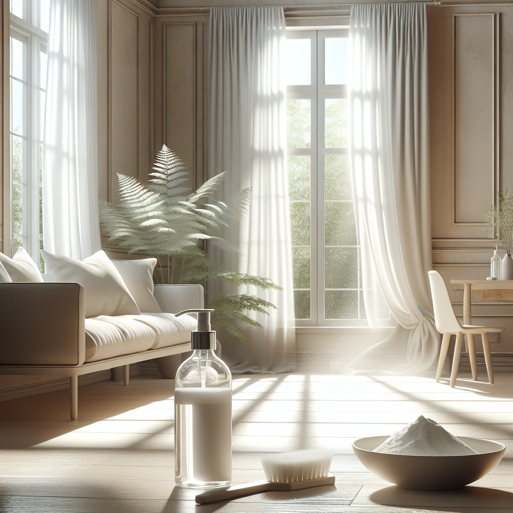 A beautifully clean and fresh living room, filled with bright natural light streaming in through wide-open windows. White, pristine curtains gently sway. The walls are impeccably clean, and the air looks sparkling clear, conveying a sense of absolute freshness and a neutral, pleasant scent. On a nearby table, there's a small, stylish glass spray bottle and a bowl of white powder (baking soda) subtly hinting at cleaning solutions. Realistic photo, indoor setting.